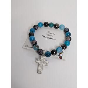 Genuine Fire Agate Bracelet w Silver Tone Rhinestone Cross Heart Cutouts NIB